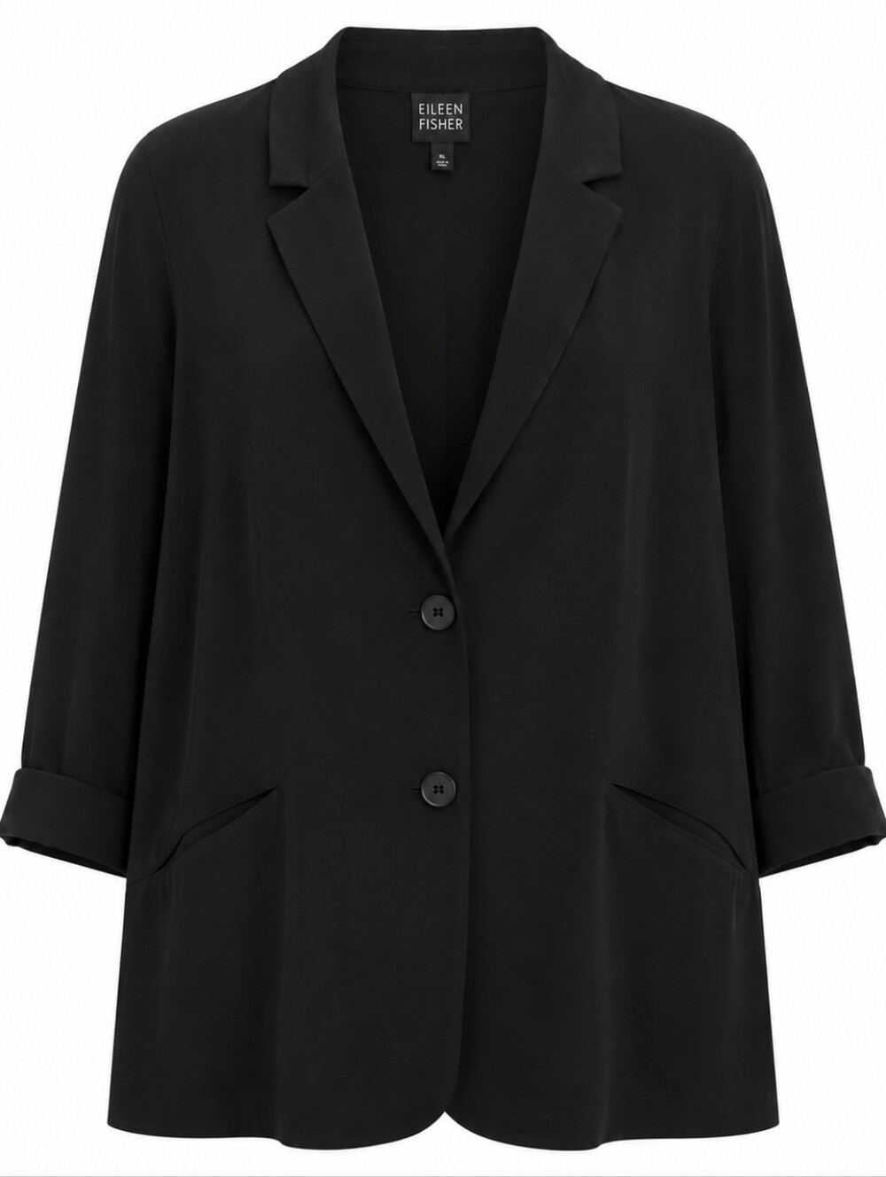 EILEEN FISHER | Black Notch Collar Button Tencel Viscose Blazer Jacket | XL